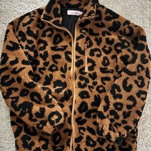 Pink Lily Leopard Print Sherpa Teddy zip up Jacket Size Medium